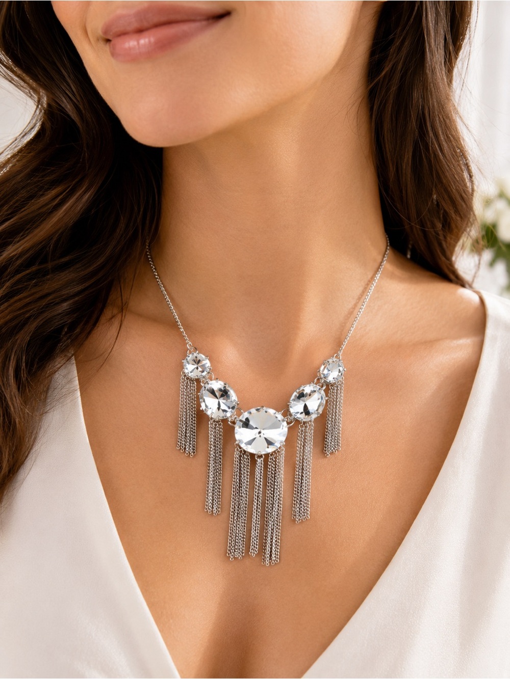 Steve Madden Silver Crystal Fringe Statement Necklace Glam Boho Chic NWT